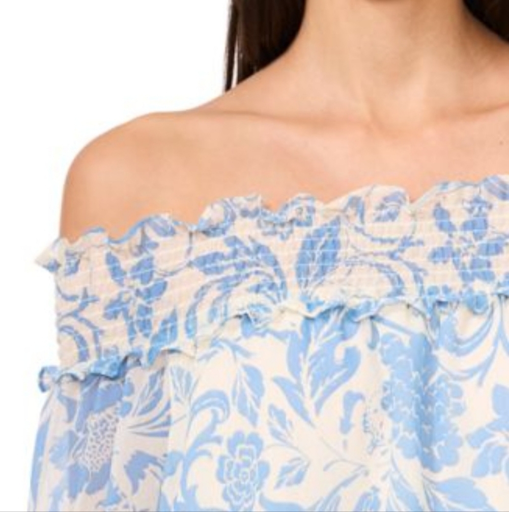NWT CECE Large Ultra Sheer BLUE Lined & WHITE FLORAL Off Shoulder RUFFLED BLOUSE